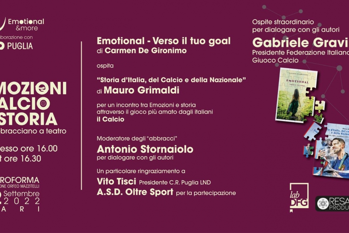 Emozioni, calcio e storia si abbracciano nel Teatro Forma di Bari il 12 settembre alle 16.30. Ospite d’eccezione: Gabriele Gravina