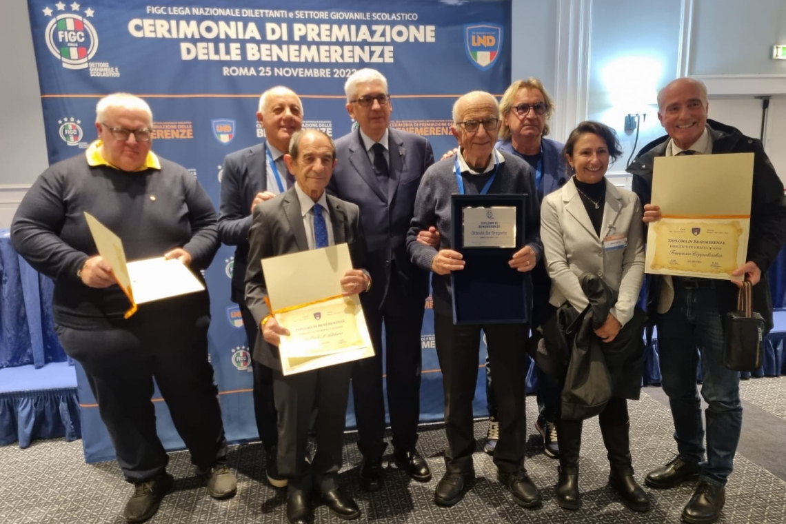 Benemerenze LND: il Presidente Tisci a Roma col Segretario Mancini per la cerimonia di premiazione dei pugliesi